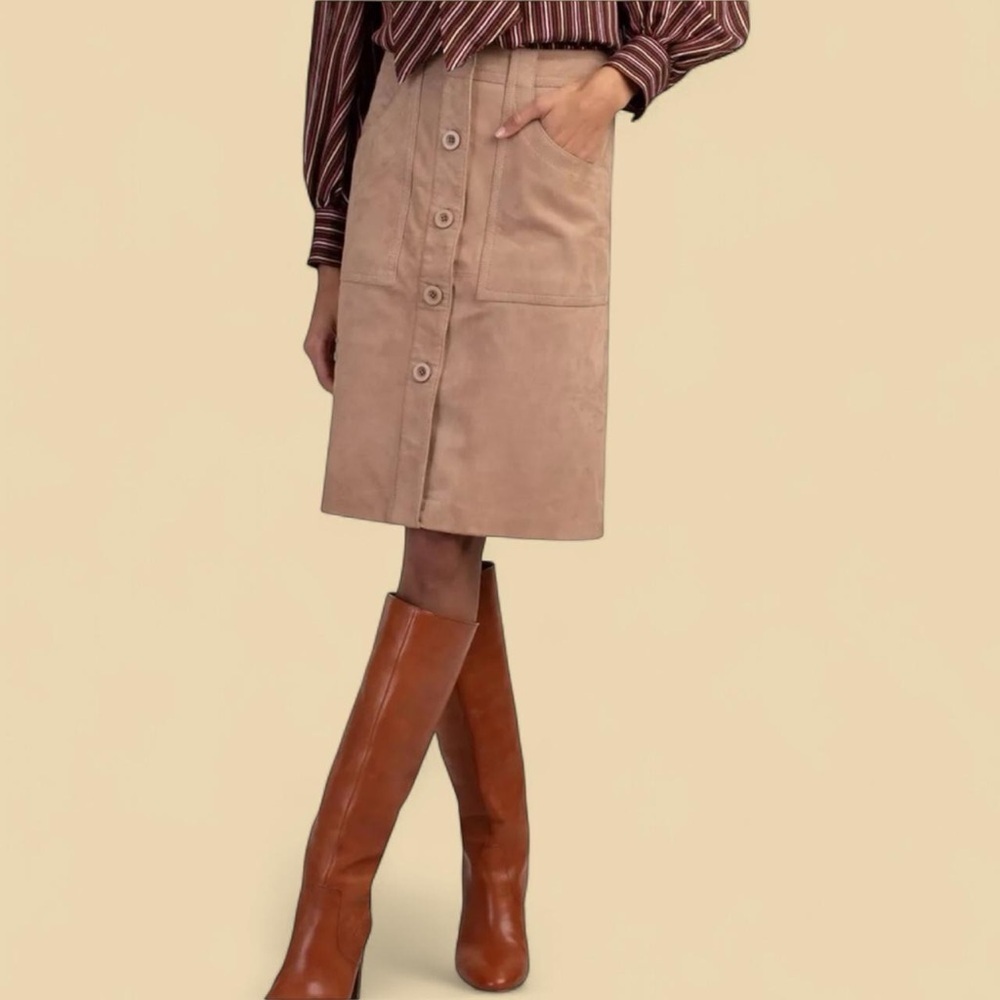 Trina Turk Tan Goat Suede Leather Knee Length A-Line Skirt 2 NEW